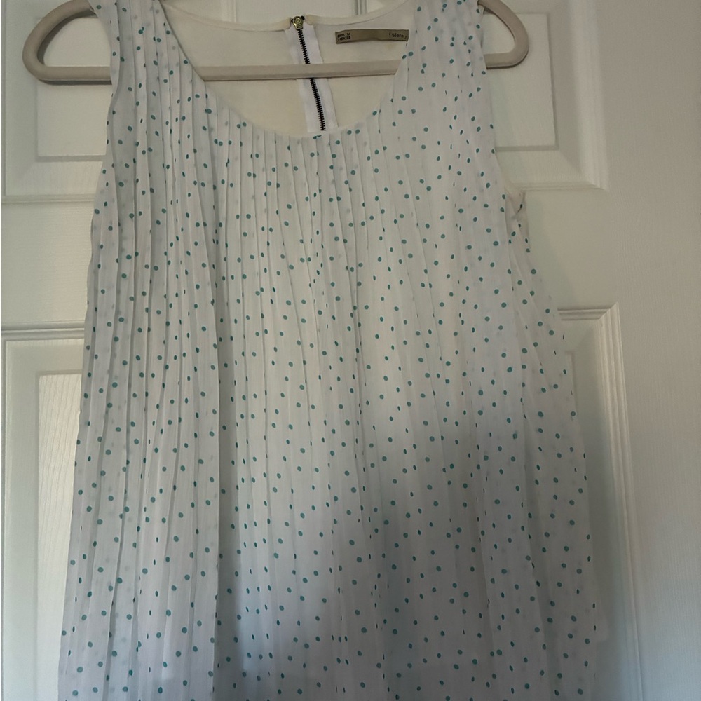 White Sleeveless Top with Blue Polka Dots
